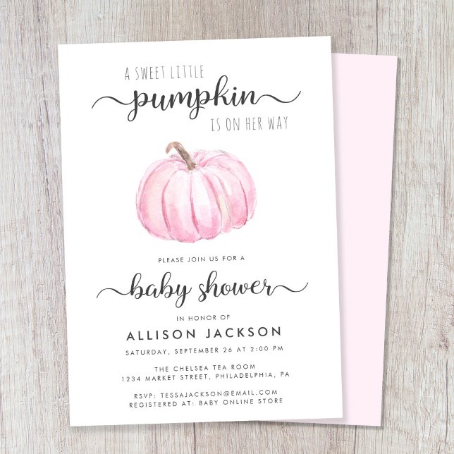 Convites Pequeno Pumpkin Pink Watercolor Baby Girl Chá (Celebrate the upcoming arrival of your sweet little autumn baby with a pumpkin-themed baby shower)