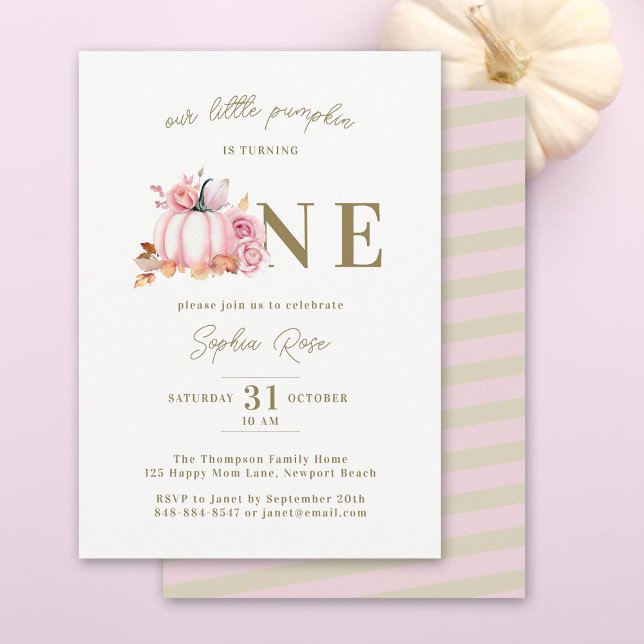 Convites Pequeno Pumpkin Pink Watercolor Rosa primeiro aniv (our little pumpkin is turning one girl birthday invitation elegant calligraphy watercolor roses)