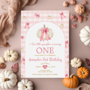 Convites Pequeno Pumpkin Rosa Bowtie Gingham Primeiro Anive