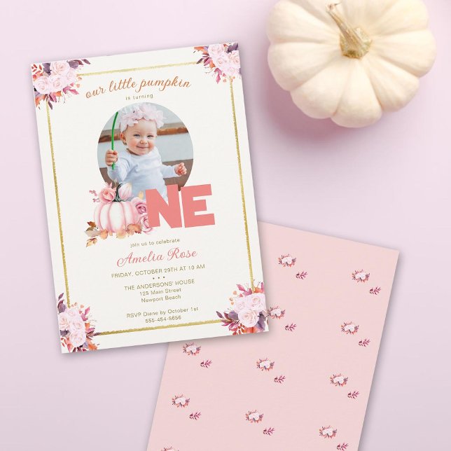 Convites Pequeno Pumpkin Rosa Dourado Cair Deixa primeiro a (our little pumpkin is turning one girl birthday party photo invitation elegant floral gold frame )