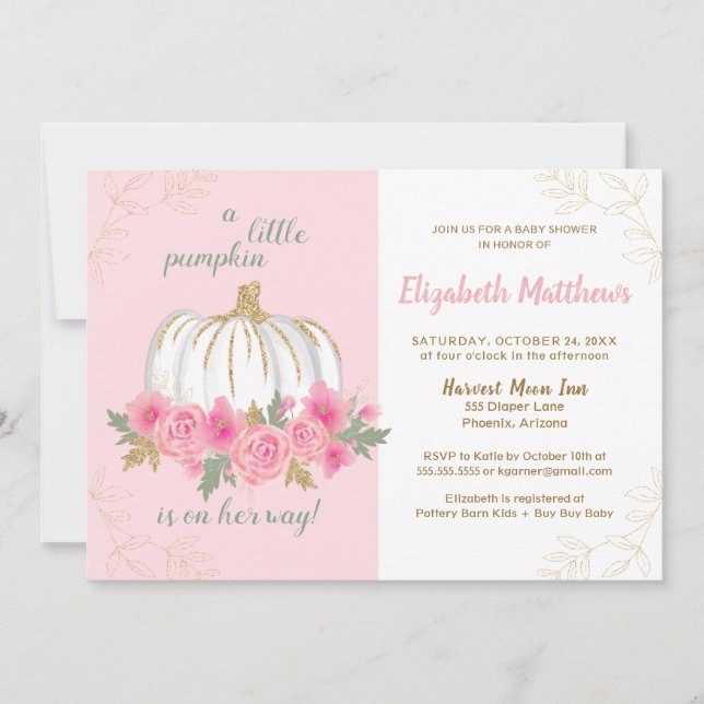 Convites Pequeno Pumpkin Rosa Dourado Chá de fraldas de Out (Frente)