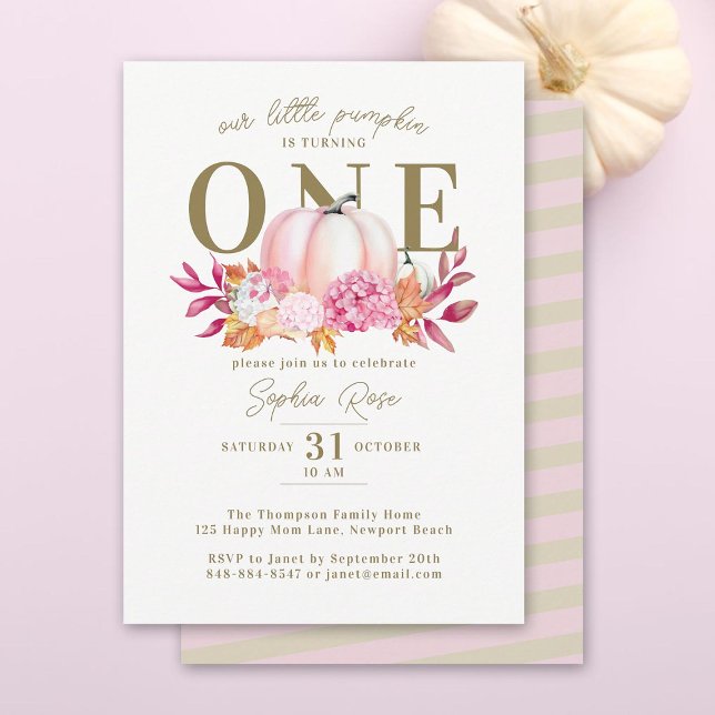 Convites Pequeno Pumpkin Rosa Hydrangea 1rua Aniversário El (our little pumpkin turning one girl birthday party invitation pink hydrangeas watercolor fall leaves)