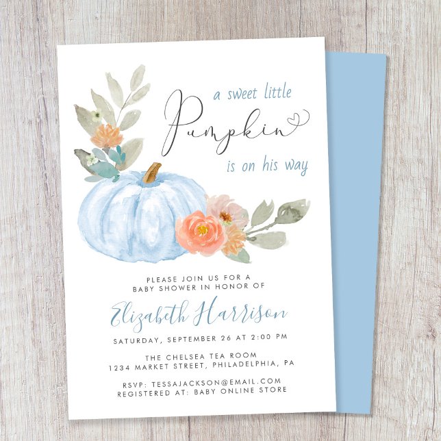 Convites Pequeno Pumpkin Watercolor Baby Boy Chá (Celebrate the upcoming arrival of your sweet little autumn baby with a pumpkin-themed baby shower)