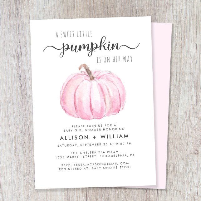 Convites Pequeno Pumpkin Watercolor Bebê Casal Chá (Celebrate the upcoming arrival of your autumn baby girl with a pumpkin-themed couple's baby shower)