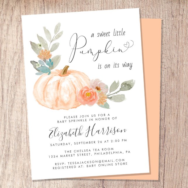 Convites Pequeno Pumpkin Watercolor Bebê Sprinkle (Celebrate the upcoming arrival of your sweet little autumn baby with a pumpkin-themed baby sprinkle)