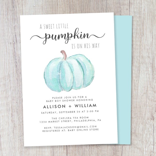 Convites Pequeno Pumpkin Watercolor Casal Bebê Chá (Celebrate the upcoming arrival of your autumn baby boy with a pumpkin-themed baby shower)
