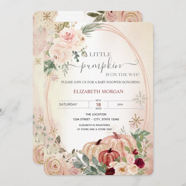 Convites Pequeno Quadro de Abóbora Boho Flores Baby Shower  (Frente/Verso)