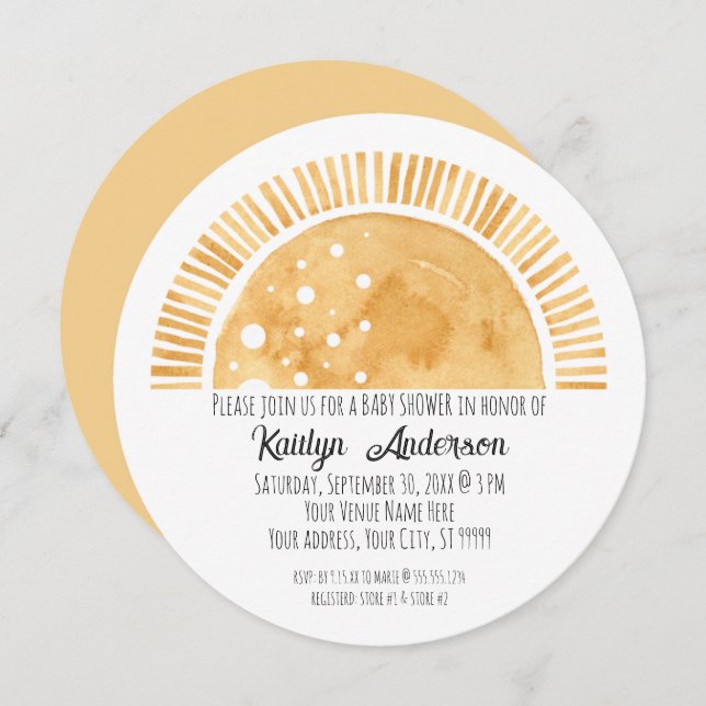 Convites Pequeno Raio Sol Chá de fraldas de Aquarela Sol (Frente/Verso)