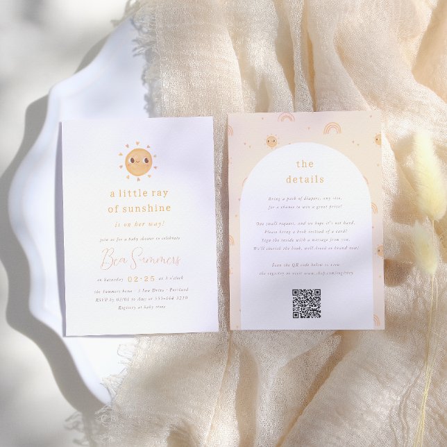 Convites Pequeno Raio Sol Chá de fraldas de Rapariga QR (Criador carregado)