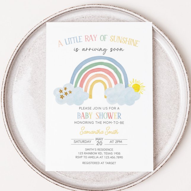 Convites Pequeno Raio Sol do Chá de fraldas Arco-íris (Little Ray of Sunshine Baby Shower Invitation)