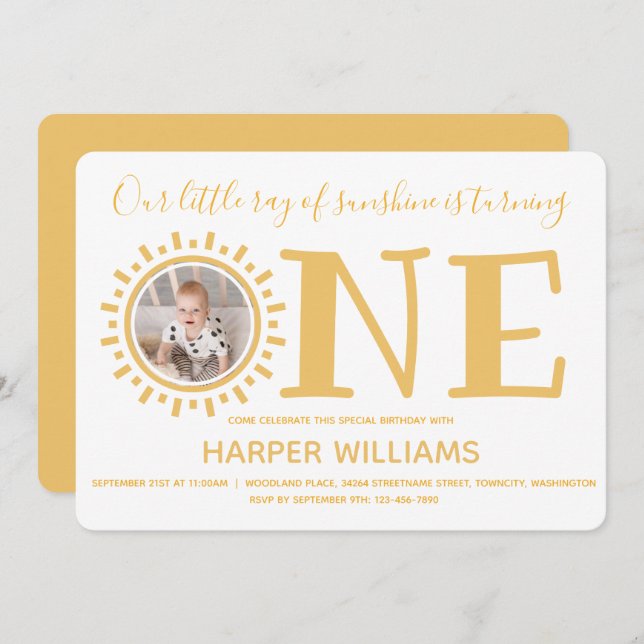 Convites Pequeno Raio Sol Foto Bebê Primeiro Aniversário (Frente/Verso)