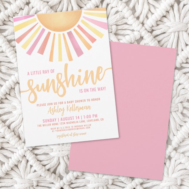 Convites Pequeno Raios De Chá de fraldas Rosa Sol (Little Ray Of Sunshine Pink Baby Shower Invitation)