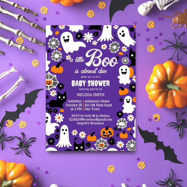Convites Pequeno retro chá de fraldas de Halloween (Little boo Halloween baby shower template invitation digital download groovy retro cute ghosts daisy)