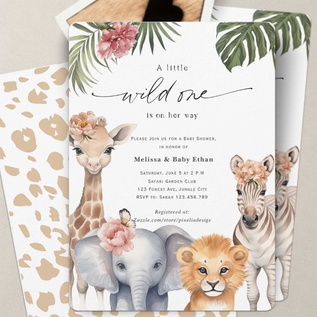 Convites Pequeno Safari Bebê Animais Selvagens (Wild One Safari Baby Animals, Baby Girl Shower. A wild One is on Her way, A Cute Baby Shower invite.)