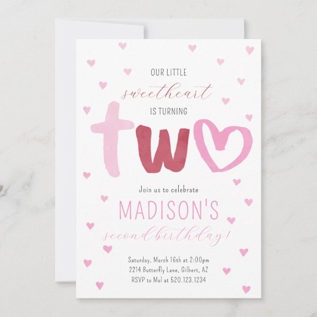 Convites Pequeno segundo aniversário de Corações Vermelhos  (Frente)