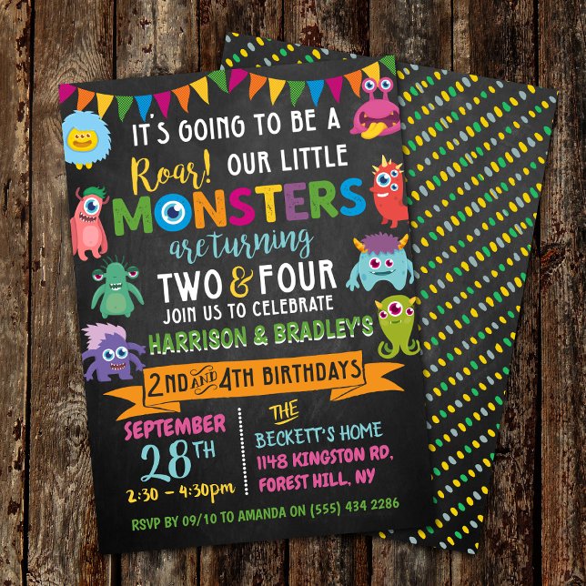 Convites Pequeno segundo Monster Chalkboard e 4º Aniversári (Criador carregado)