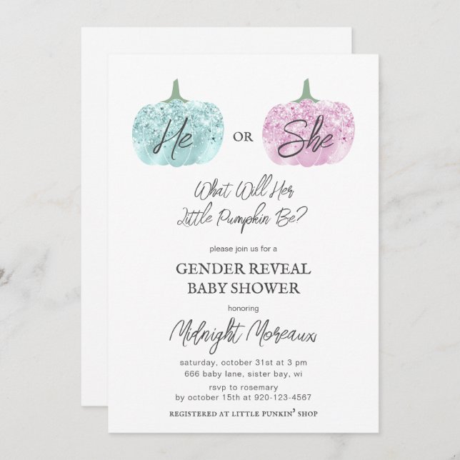 Convites Pequeno Sexo de Abóbora Revela Chá de fraldas de H (Frente/Verso)