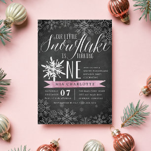 Convites Pequeno Snowflake Pink Chalkboard Primeiro Anivers
