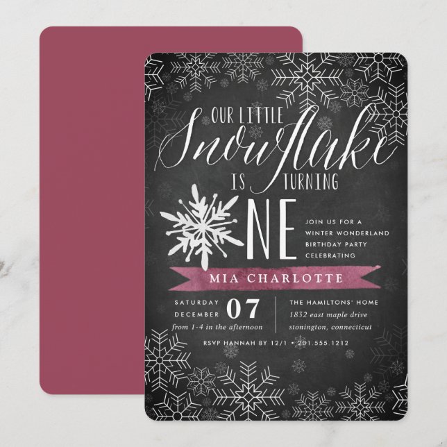 Convites Pequeno Snowflake Plum Chalkboard Primeiro Anivers (Frente/Verso)