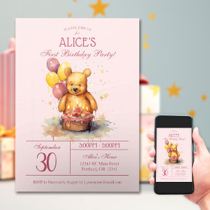 Convites Pequeno Urso de Aquarela Primeiro Aniversário