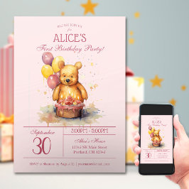 Convites Pequeno Urso de Aquarela | Primeiro Aniversário