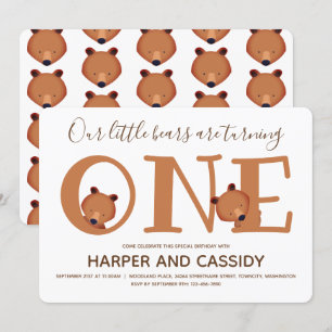 Convites Pequeno Urso Gêmeos Um Animal Grito Primeiro Aniv