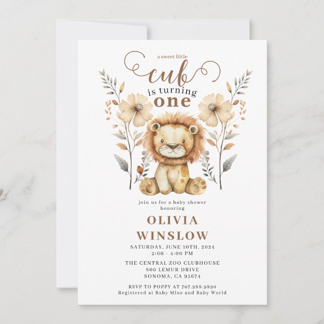 Convites Pequeno Watercolor Lion Safari primeiro aniversari (Frente)