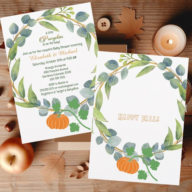 Convites Pequenos Casais de abóbora Chá de fraldas Vermelhi (A Little Pumpkin Couples Baby Shower Greenery Wreath Invitation)