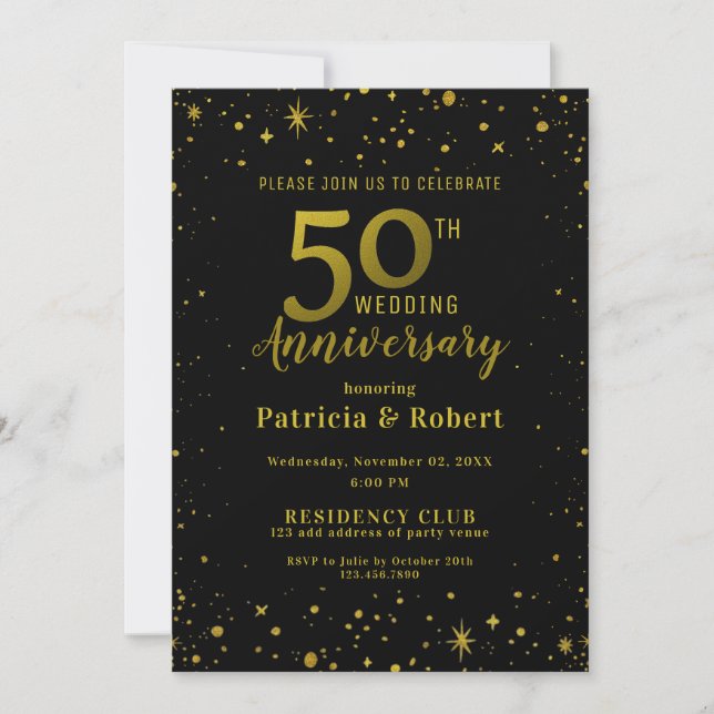 Convites Pequim e Dourado Brilho 50º Aniversário de Casamen (Frente)
