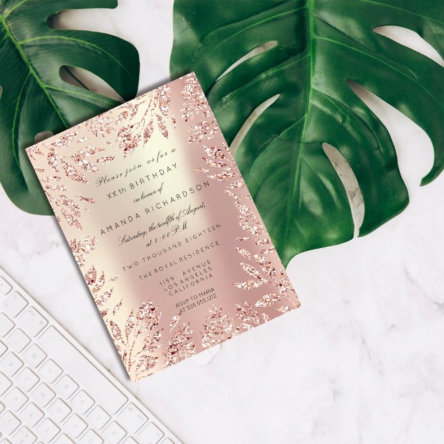 Convites Pêra Moldura Floral Folhas Brilho Dourado Rosa (Pink Rose Gold Glitter Leafs Floral Frame Pearly Invitation)