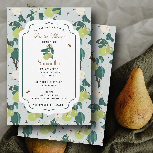 Convites Peras Abelhas Chá de panela de Jardim Floral Botân (Pears Bees Botanical Floral Garden Bridal Shower Invitation)