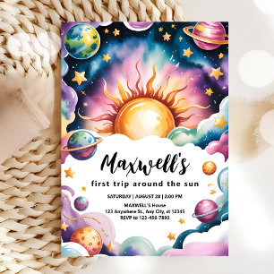 Convites Percorra o primeiro aniversario Sun Watercolor Boy