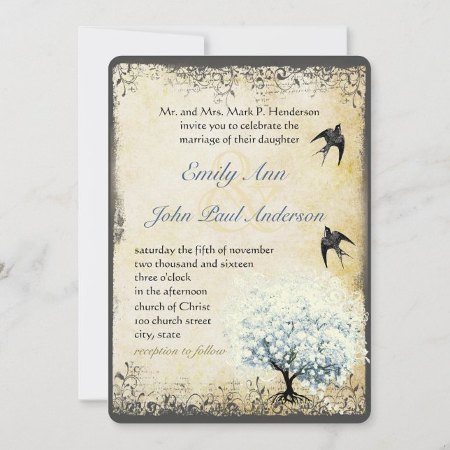 Convites Pergaminho de Pearl de Pássaros da Árvore Azul Fol (Verso)