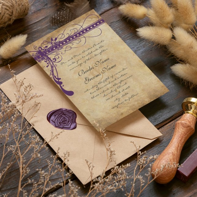 Convites Pergaminho Falso Roxo Renascença Medieval (This is what it would look like with a different font for the bride and groom. Check out our fonts! )
