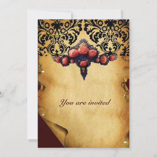 CONVITES PERGAMINO DAMASCO E ROSAS DE CORAL ROSA