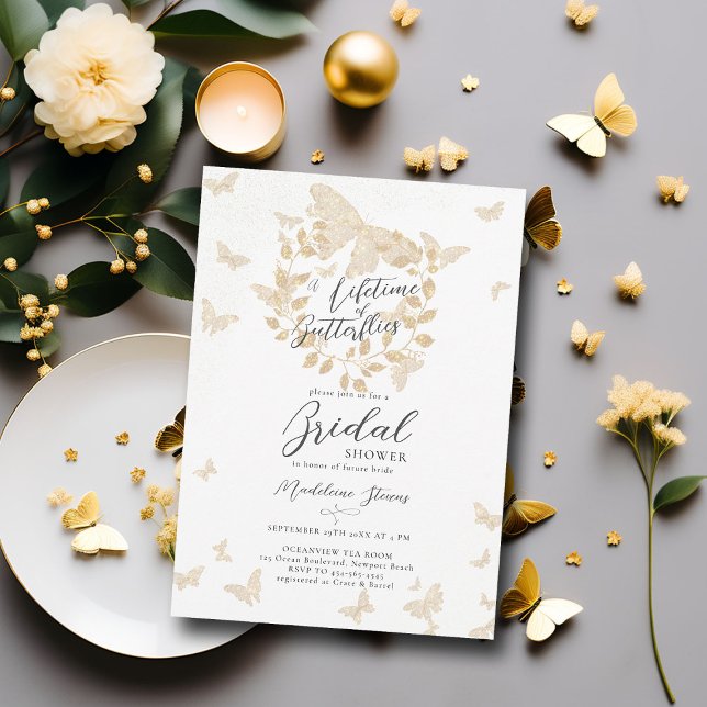 Convites Período de vida das borboletas Chá de panela Doura (lifetime butterflies gold eucalyptus wreath bridal shower invitation elegant garden party romantic)