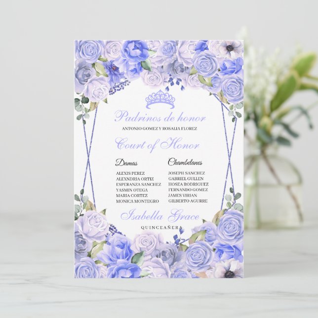 Convites Periwinkle Blue Floral Quinceanera Court of Honor (Em pé/Frente)