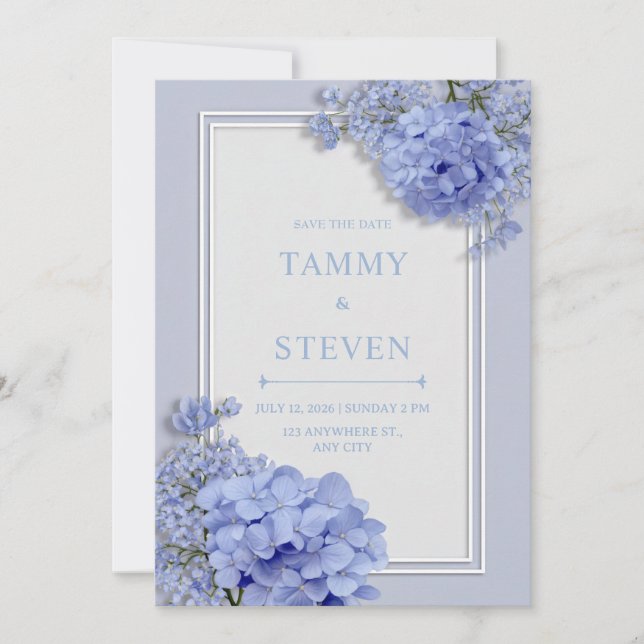 Convites Periwinkle Blue Hydrangea Botanical Frame Wedding (Frente)