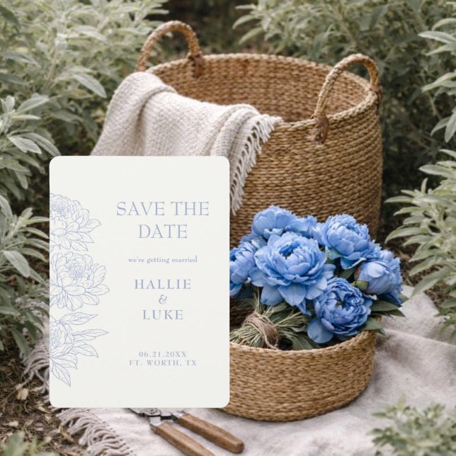 Convites Periwinkle Blue Peony Line Art Wedding Save Date (Criador carregado)