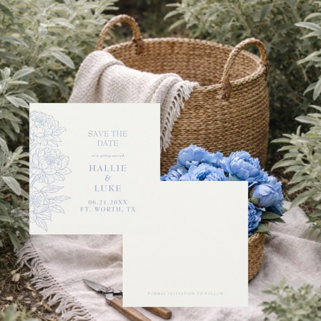 Convites Periwinkle Blue Peony Wedding Square Save Date (Criador carregado)