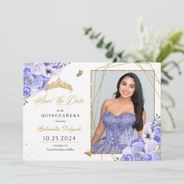 Convites Periwinkle & Dourado Quinceañera Salve A Foto Da D (Em pé/Frente)