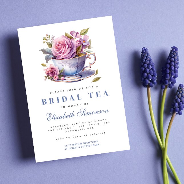 Convites Periwinkle Floral Tea Cup Bridal Tea Chá de panela (Criador carregado)