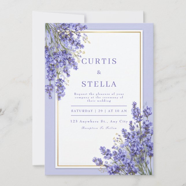 Convites Periwinkle Lavender Romantic Gold Frame Wedding (Frente)