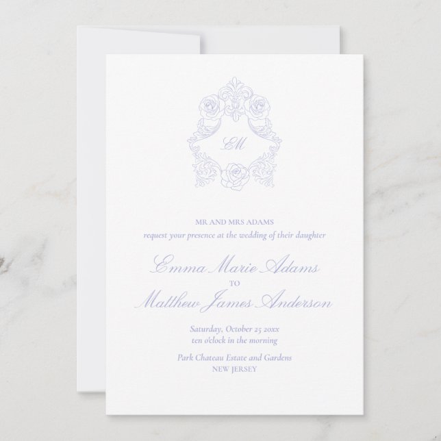 Convites Periwinkle Lilac Crista Monograma Casamento Vintag (Frente)