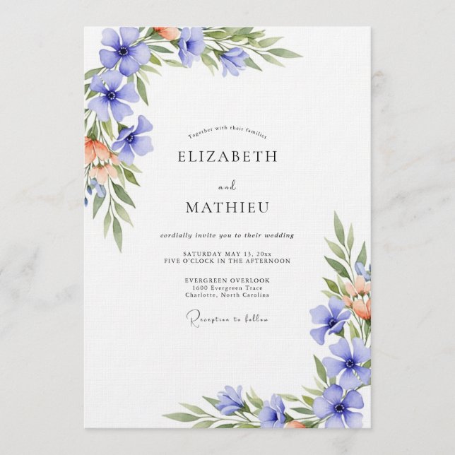 Convites Periwinkle Watercolor Flourish Wedding (Frente)