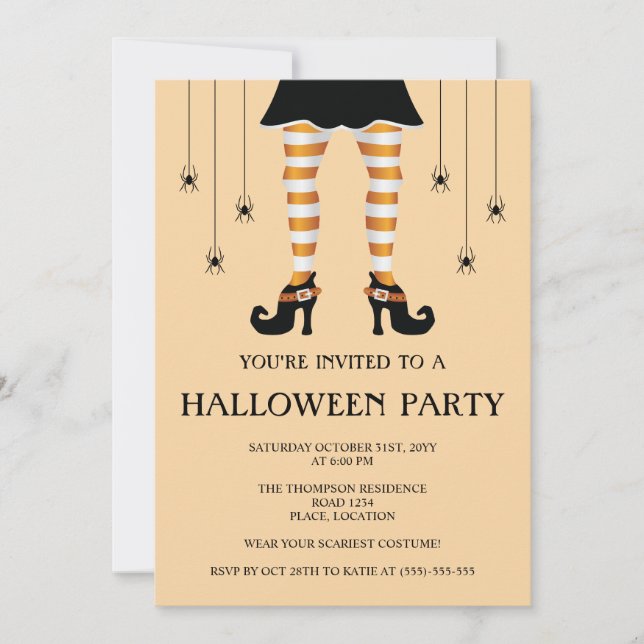 Convites Pernas de Bruxa Laranja e Aranhas Feliz Halloween (Frente)