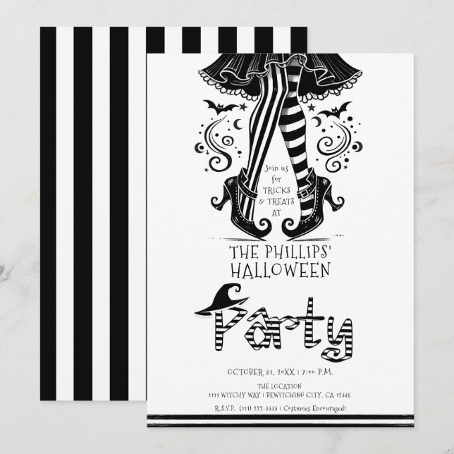 Convites Pernas de Bruxa Preto e Branco Festa de Halloween  (Frente/Verso)