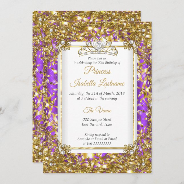 Convites Pérola Branca Dourada Roxa Festa de aniversário Ti (Frente/Verso)