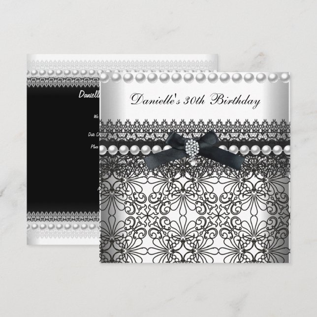 Convites Pérola Branca Preta do Damasco do aniversário de 3 (Frente/Verso)