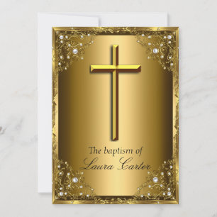 Convites Pérola Damasco & Cruz Batismo/Cristãmente Dourado